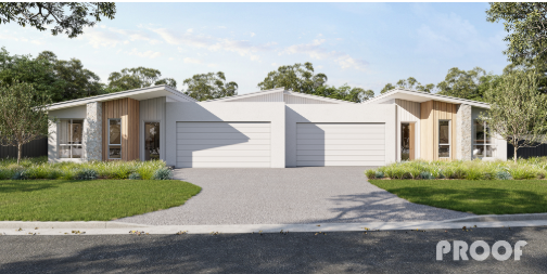 Faith Projects single-level duplex architectural impression with white garages and timber accents